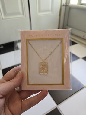 Poppy & Peonies Gold Floral Bird Rectangle Necklace
